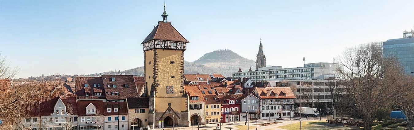 Stadtpanorama Reutlingen mit Tübinger Tor, Achalm, Rathaus und Marienkirche