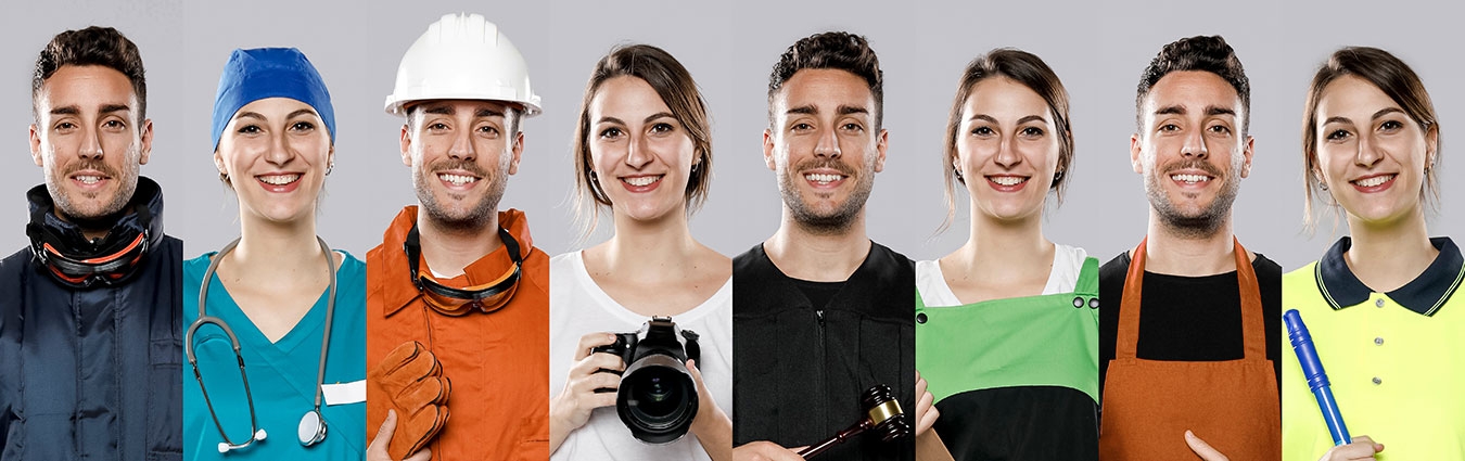 Front view of collection of men and women with different jobs
