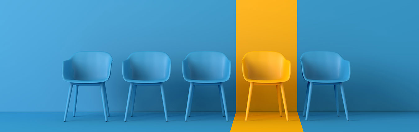 Yellow chair standing out from the crowd. Business concept. 3D rendering